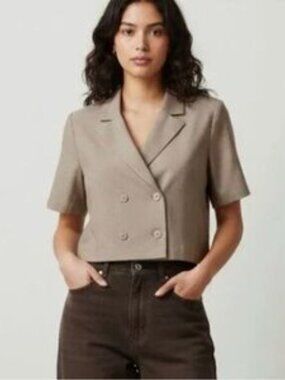 Oak + Fort Beige Double Breasted Cropped Linen-Cotton Top / Jacket Small